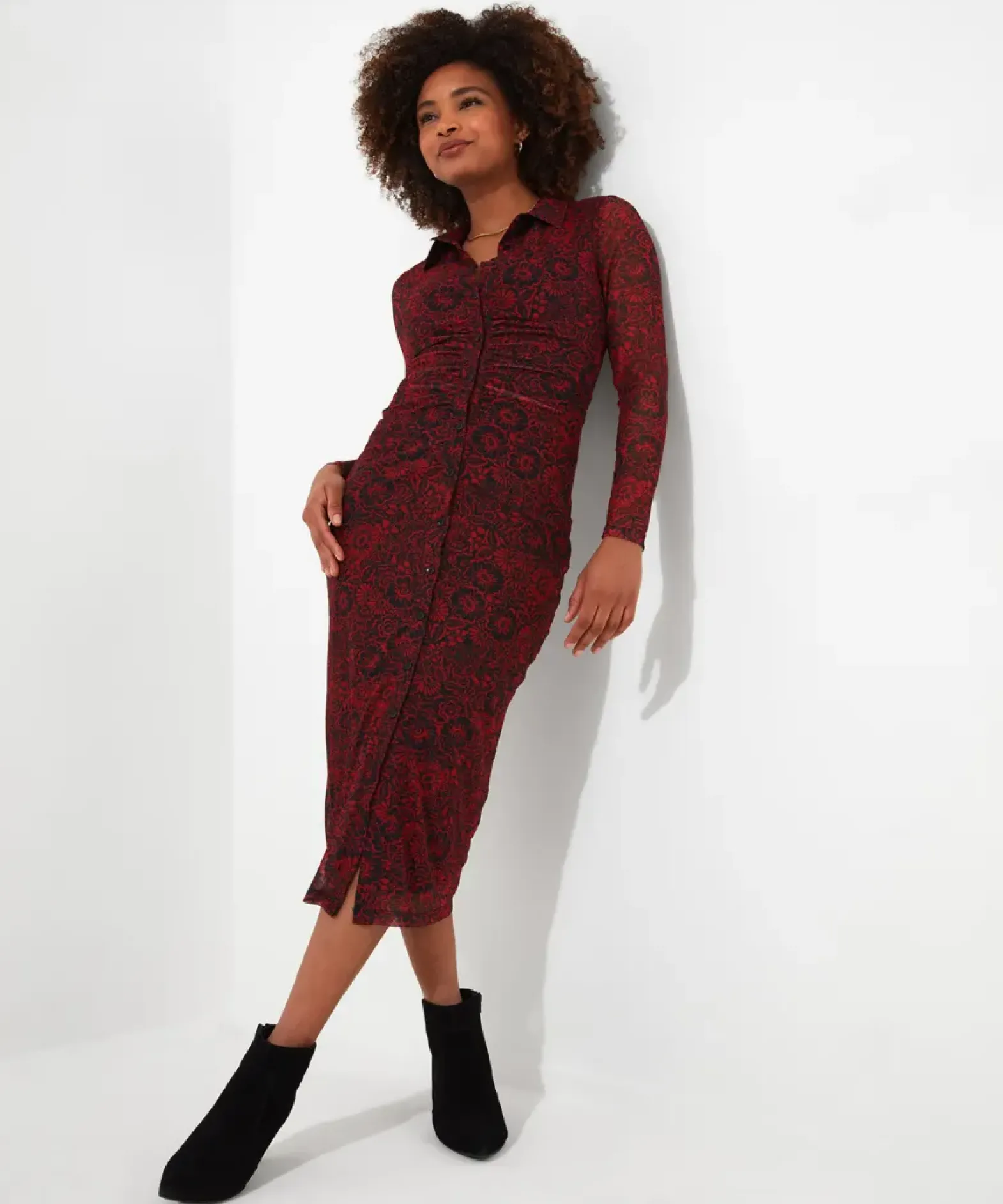 Ruched Front Button Through Mesh Dress