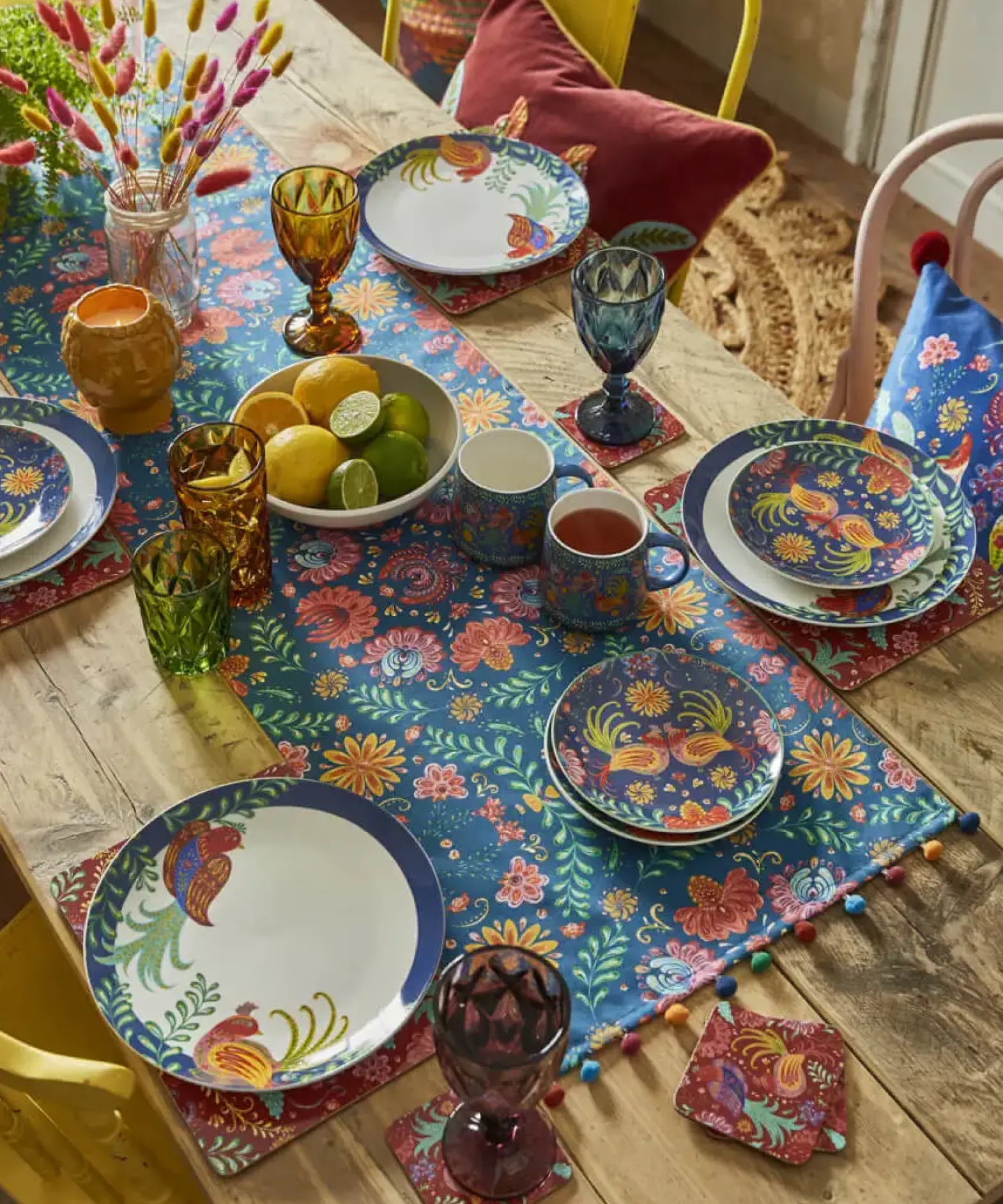 Set Of 4 Folk Floral Dinner Plates